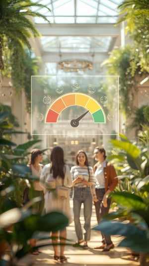 “A hyper-realistic 3D scene in a bright indoor atrium filled with lush green plants. In the foreground, several customers stand together in a soft-focus group, smiling and interacting naturally, but without recognizable faces or identitie