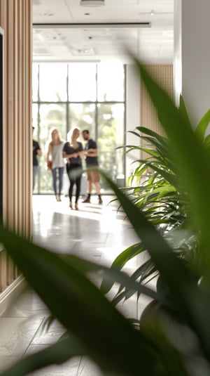 “A hyper-realistic Scandinavian-style scene with soft natural light. A small group of people stands at a distance in a bright, modern space with light wood and green plants. The people are intentionally blurry and out of focus, without vi